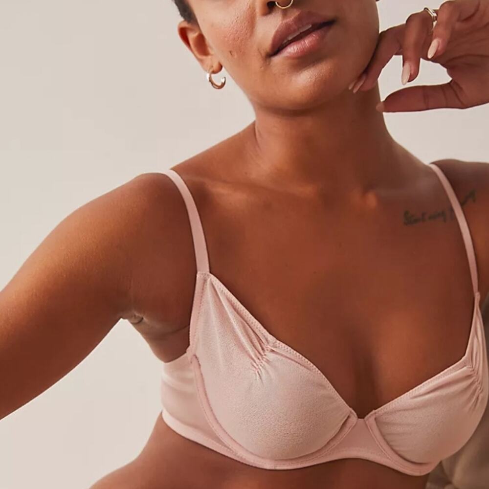 Free People Heart Throb Mesh Underwire Bra Silver Pink Balconette Satin Trim XS